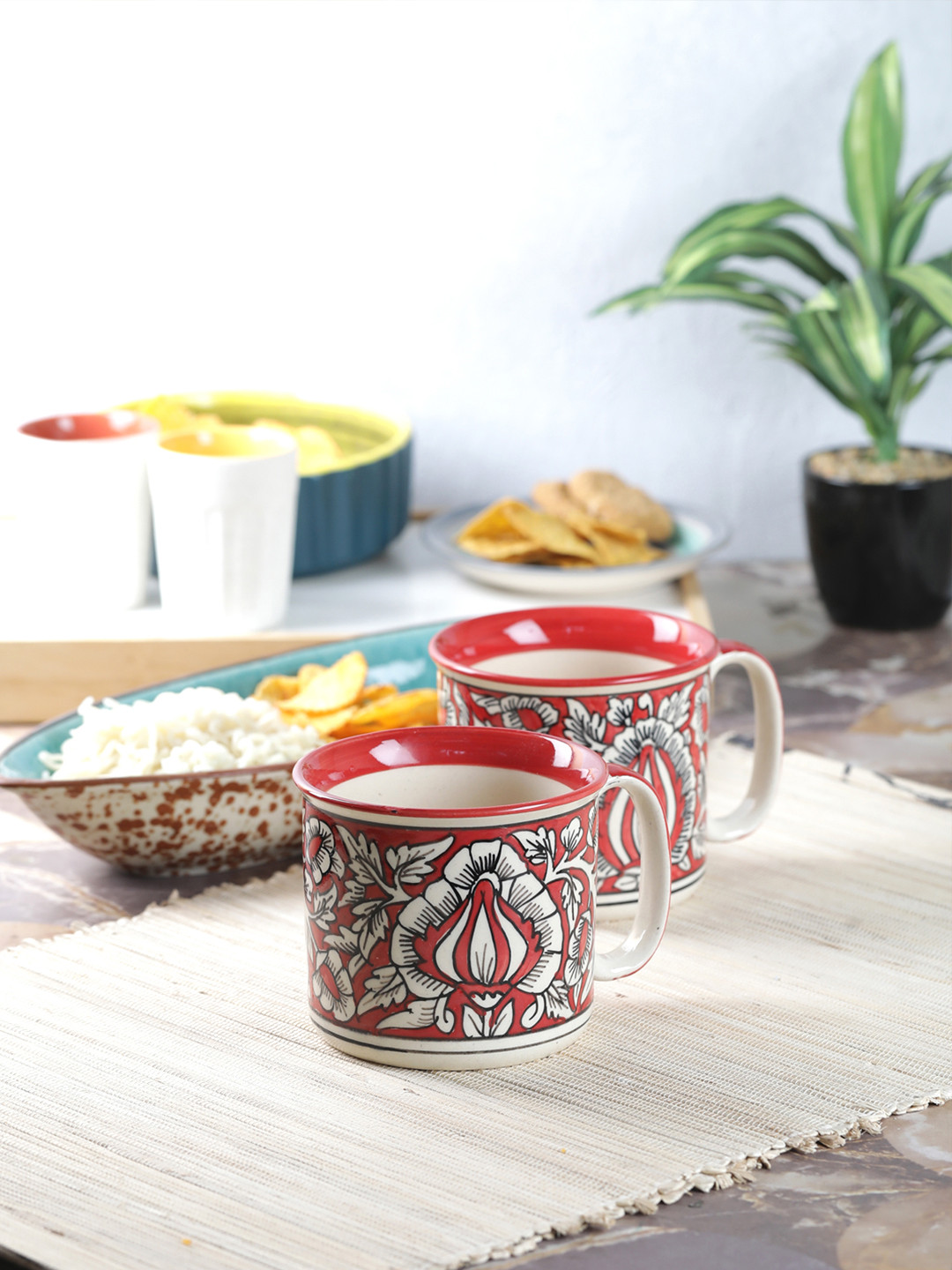 

VarEesha Red & White Set Of 2 Hand Painted Red Morocccan Ceramic Maggi/ Soup Mugs