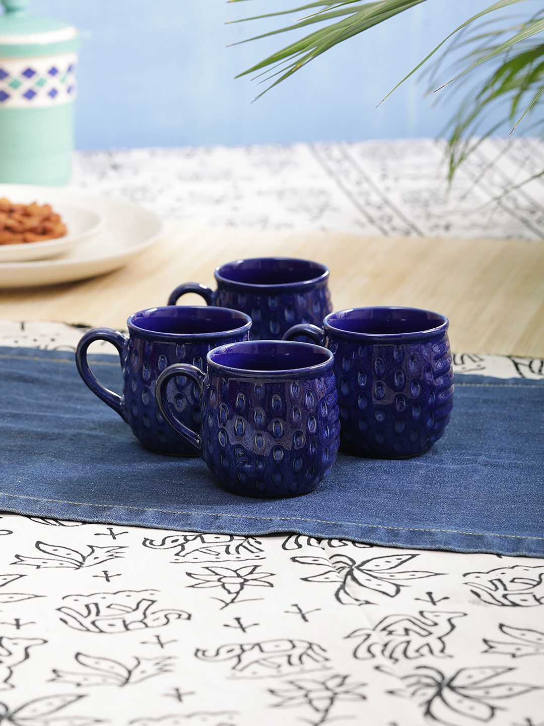 

VarEesha Blue Set Of 4 Hand Painted Blue Shaded Ceramic Tea/ Coffee Mugs