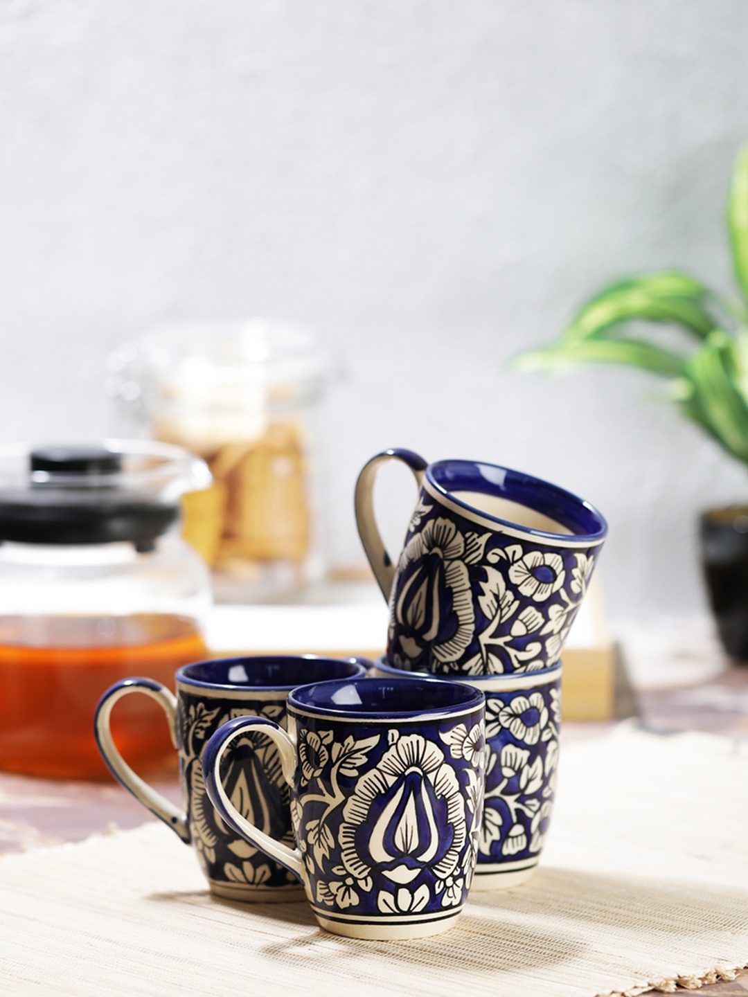 

VarEesha Blue & White Set Of 4 Hand Painted Blue Mughal Ceramic Tea/ Coffee Mugs