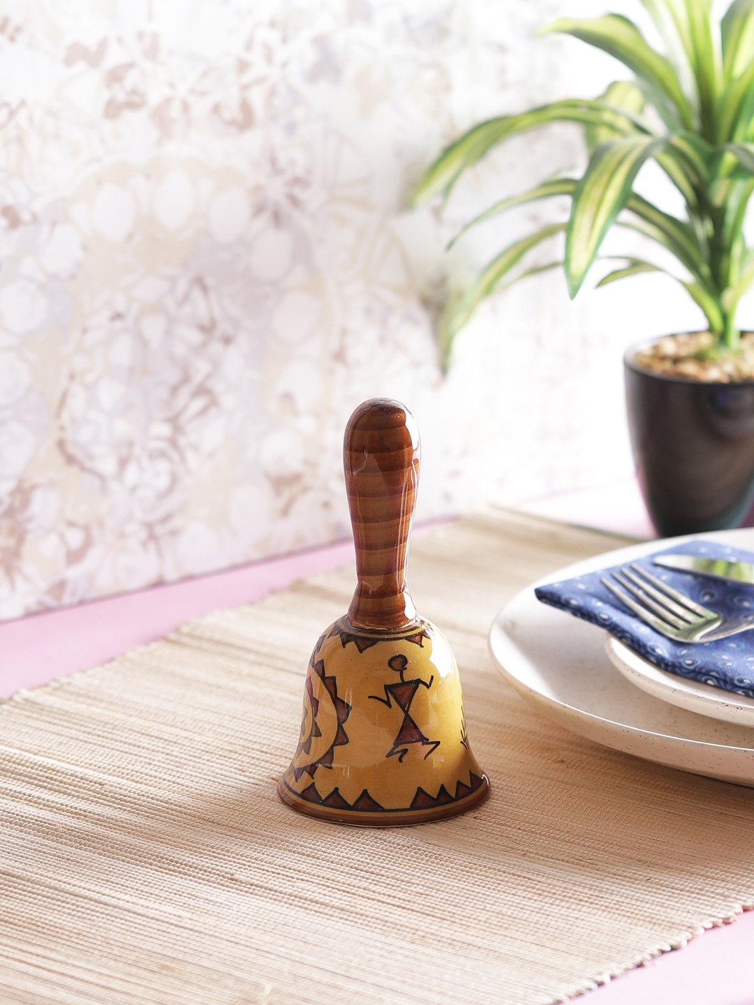 

VarEesha Brown Hand-Painted Warli Ceramic Dinner/Temple Bell