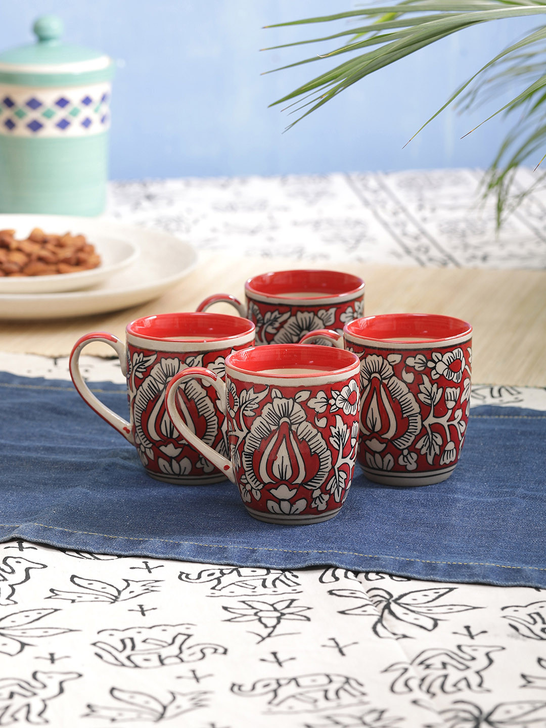 

VarEesha Red & Off-White Set Of 4 Hand Painted Red Mughal Ceramic Tea/ Coffee Mugs
