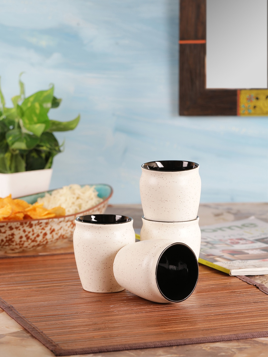 

VarEesha White Set of 4 Textured Ceramic Kulhad Mugs