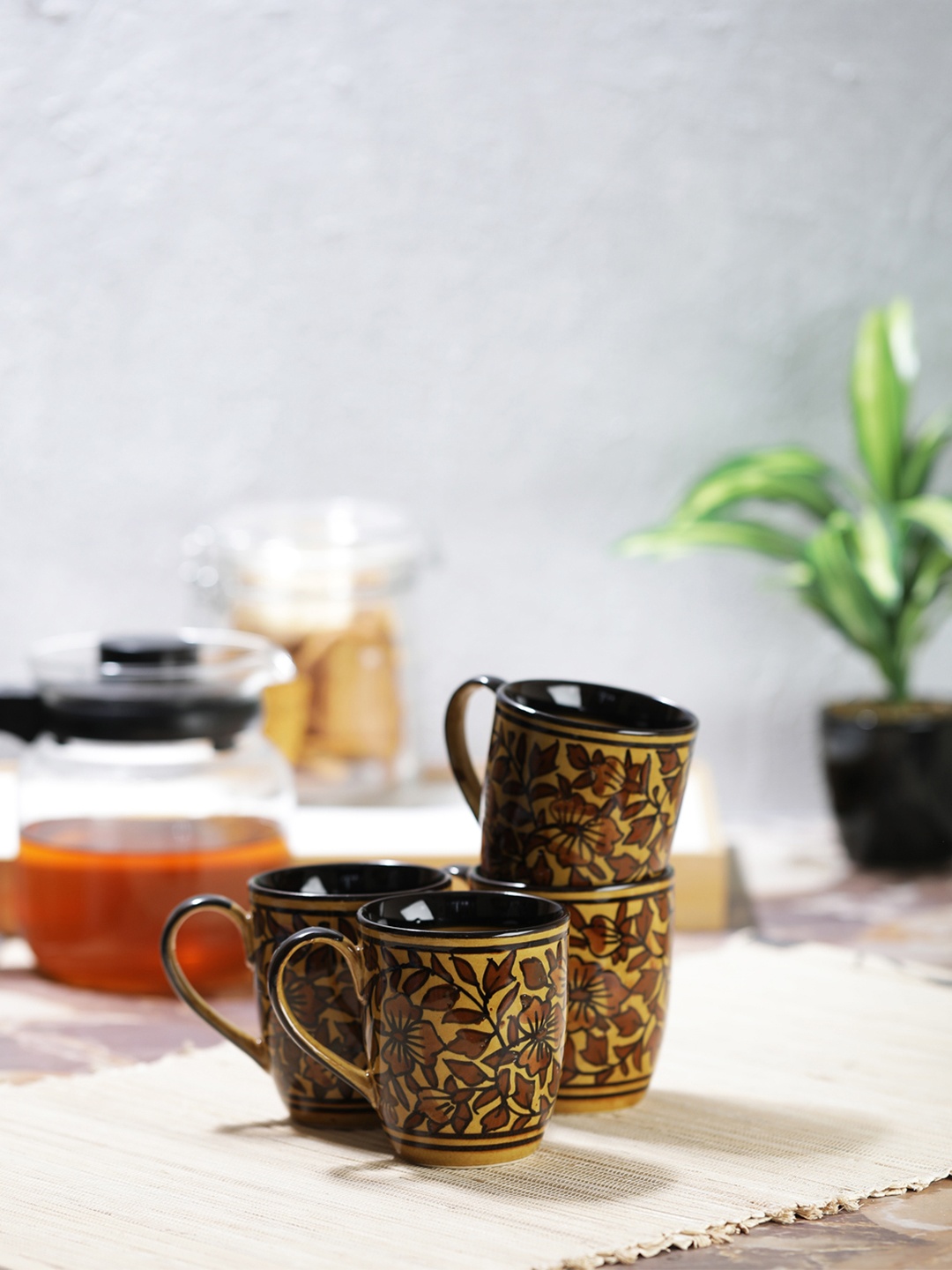

VarEesha Brown Set Of 4 Hand Painted Brown Mughal Ceramic Tea/ Coffee Mugs