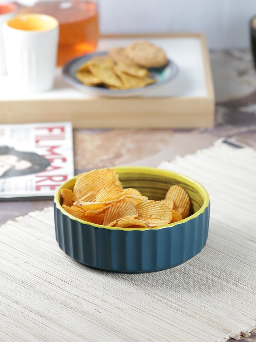 

VarEesha Teal Textured 6 Inch Ceramic Snacks Serving Bowl