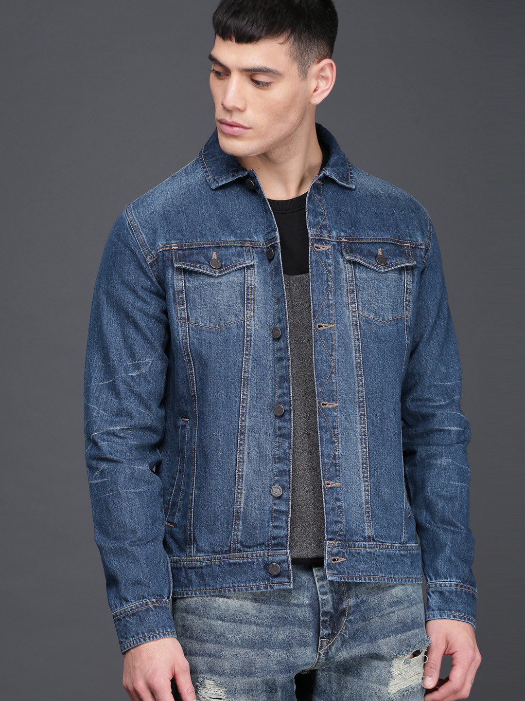 

WROGN Men Blue Solid Denim Jacket