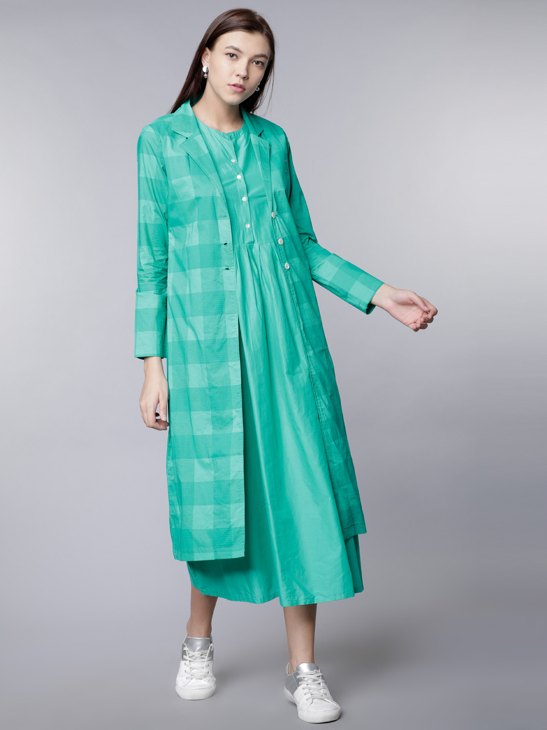 

Vishudh Women Sea Green Checked Dress with Front Open Jacket