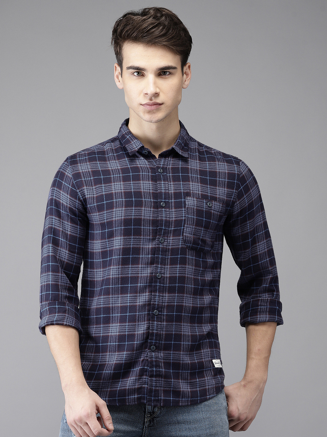 

Flying Machine Men Navy Blue & Purple Regular Fit Checked Casual Shirt