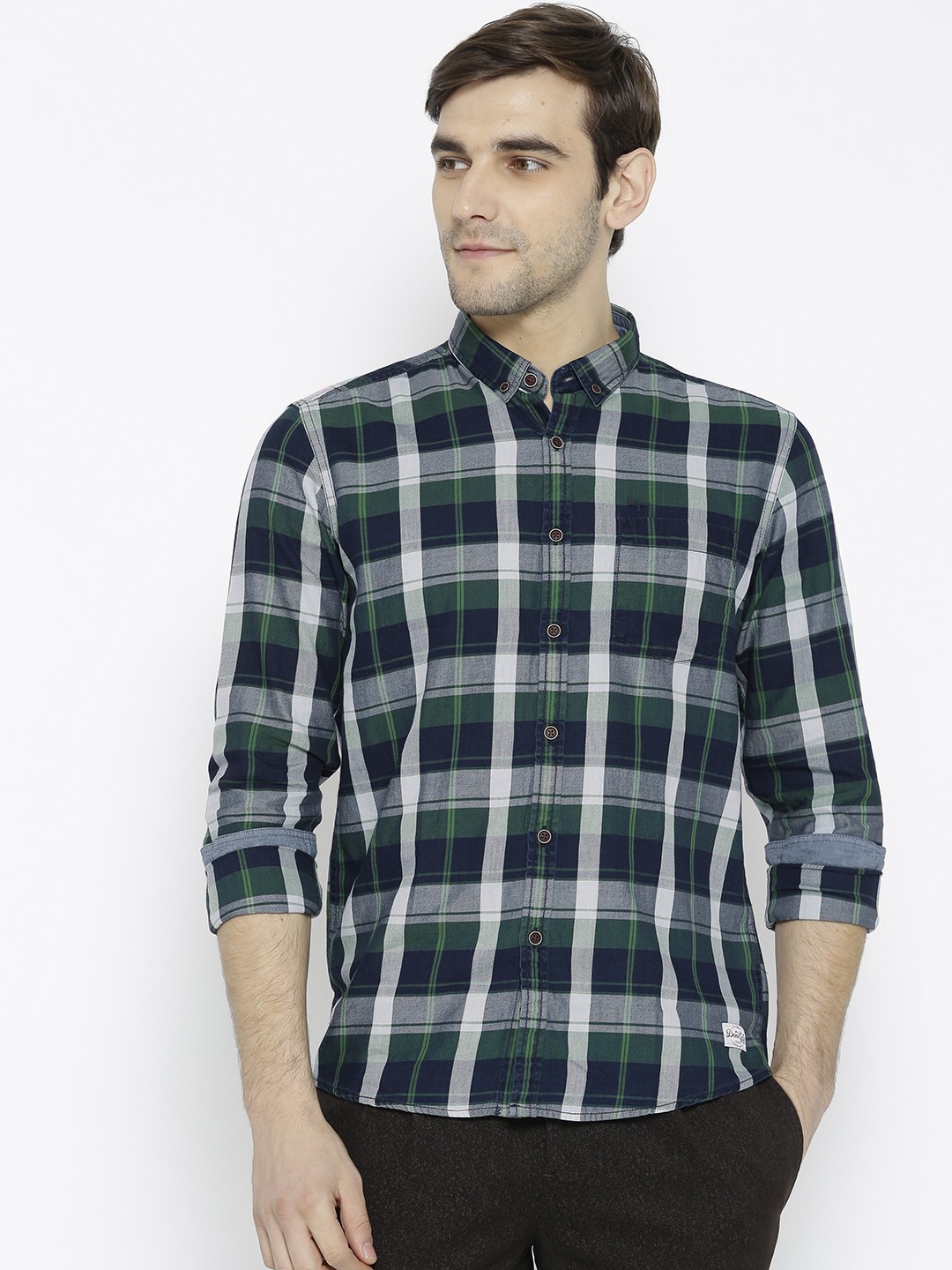 

Flying Machine Men Blue & Green Regular Fit Checked Casual Shirt