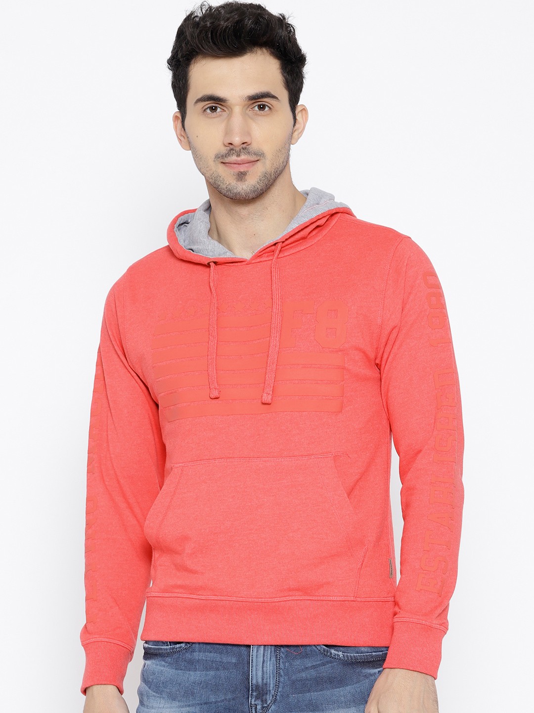 

Flying Machine Men Coral Red Printed Hooded Sweatshirt