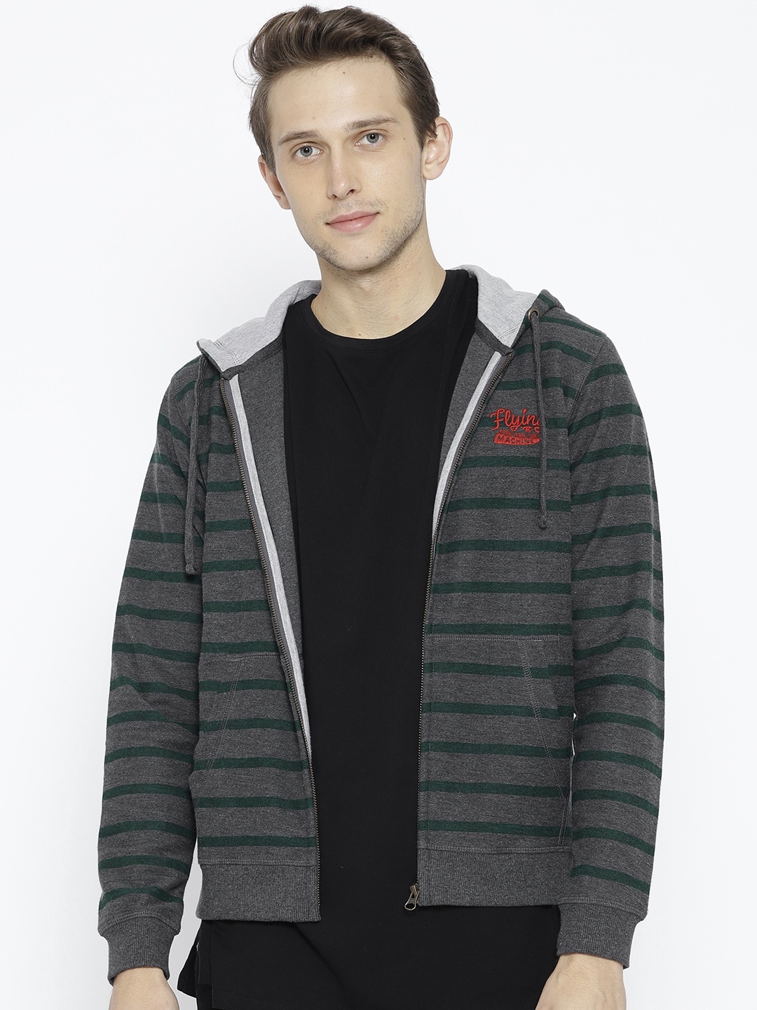 

Flying Machine Men Charcoal Grey & Green Hooded Striped Sweatshirt