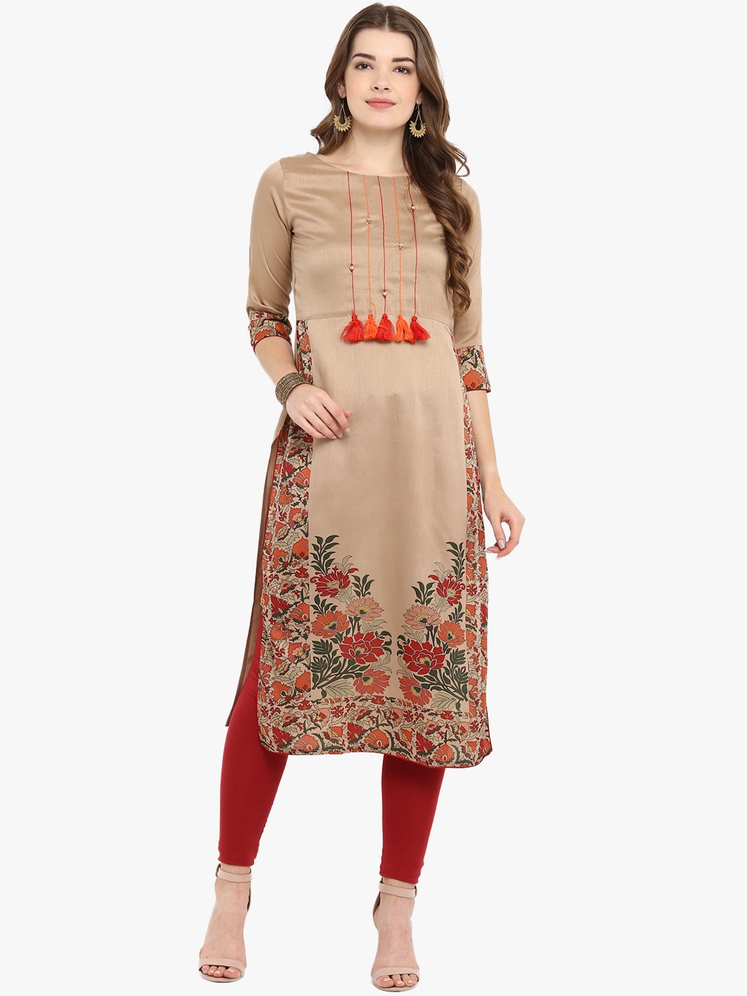 

Janasya Women Brown Printed Straight Kurta