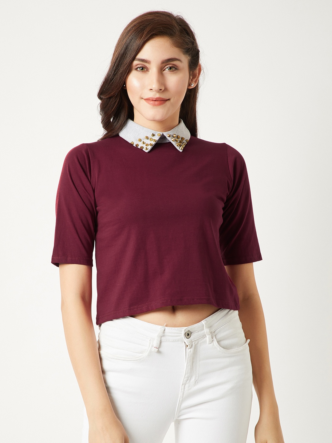 

Miss Chase Women Burgundy Solid Pure Cotton Top