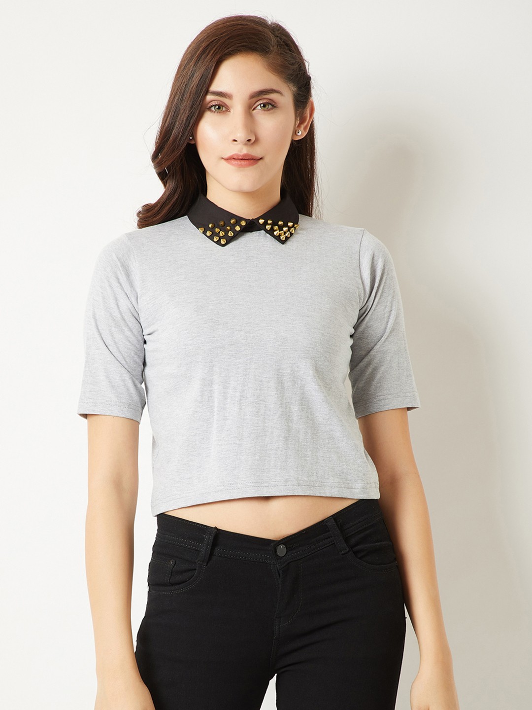 

Miss Chase Women Grey Solid Pure Cotton Top