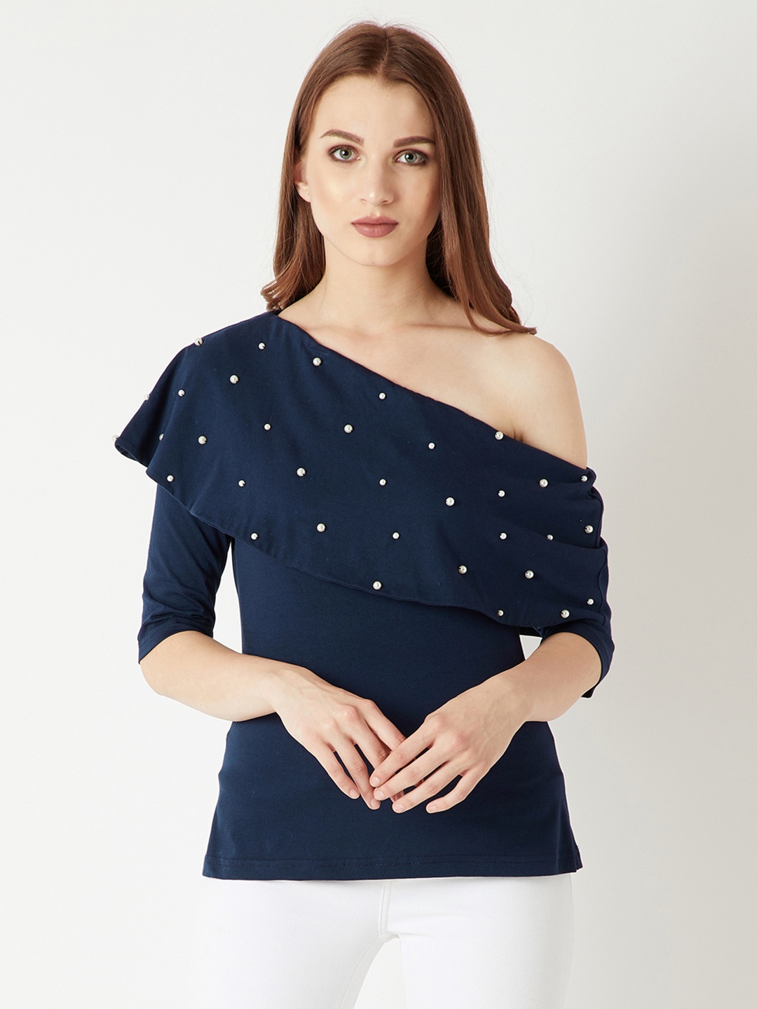 

Miss Chase Women Navy Blue Solid Embellished Pure Cotton Top