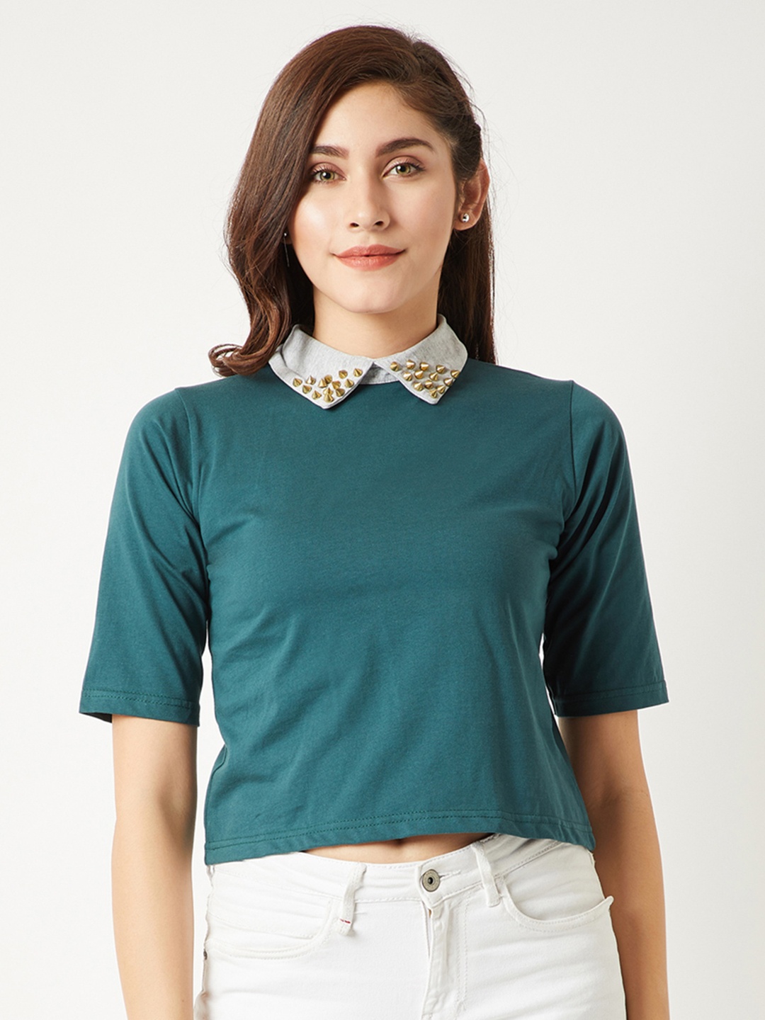 

Miss Chase Women Teal Solid Pure Cotton Top