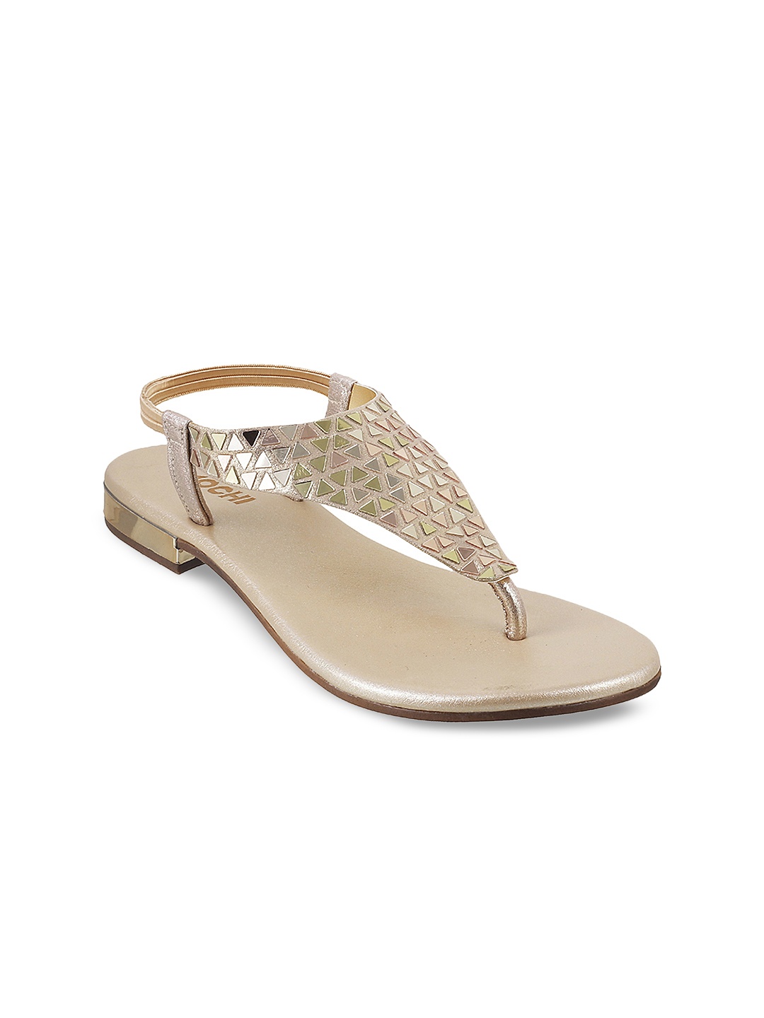 

Mochi Women Gold-Toned Textured Synthetic T-Strap Flats