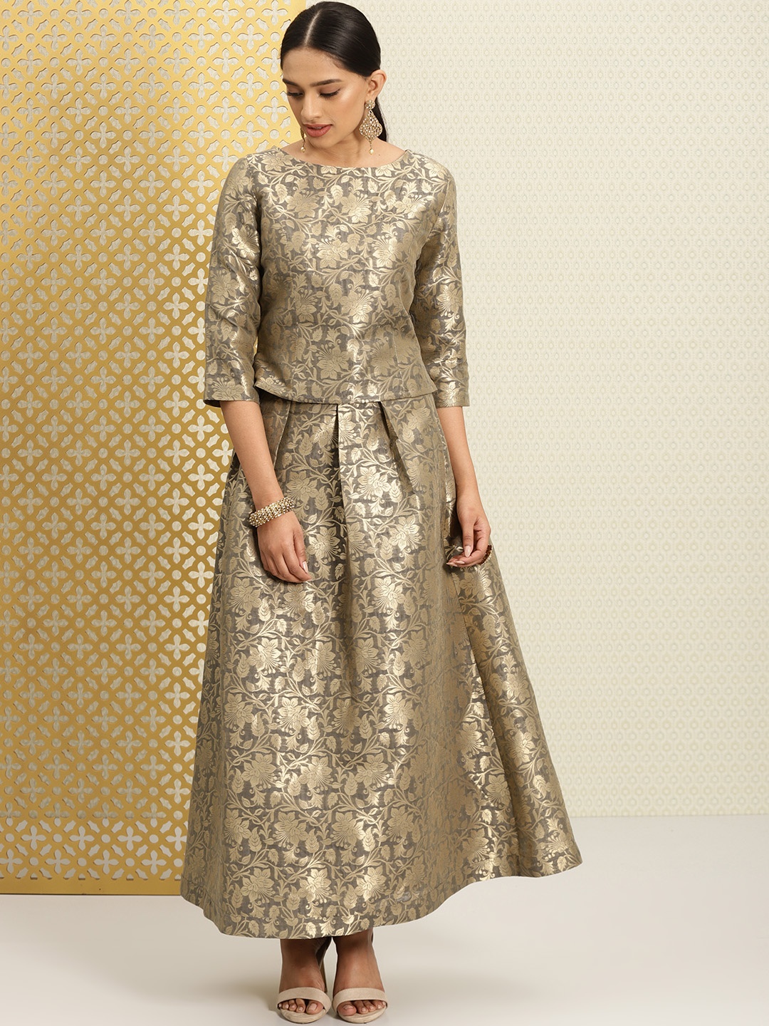 

House of Pataudi Woven Design Brocade Lehenga Choli, Grey