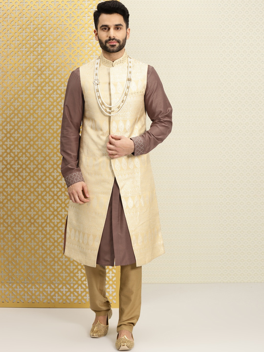 

House of Pataudi Men Beige-Gold Embroidered Jacquard Sherwani with Achkan & Pyjama