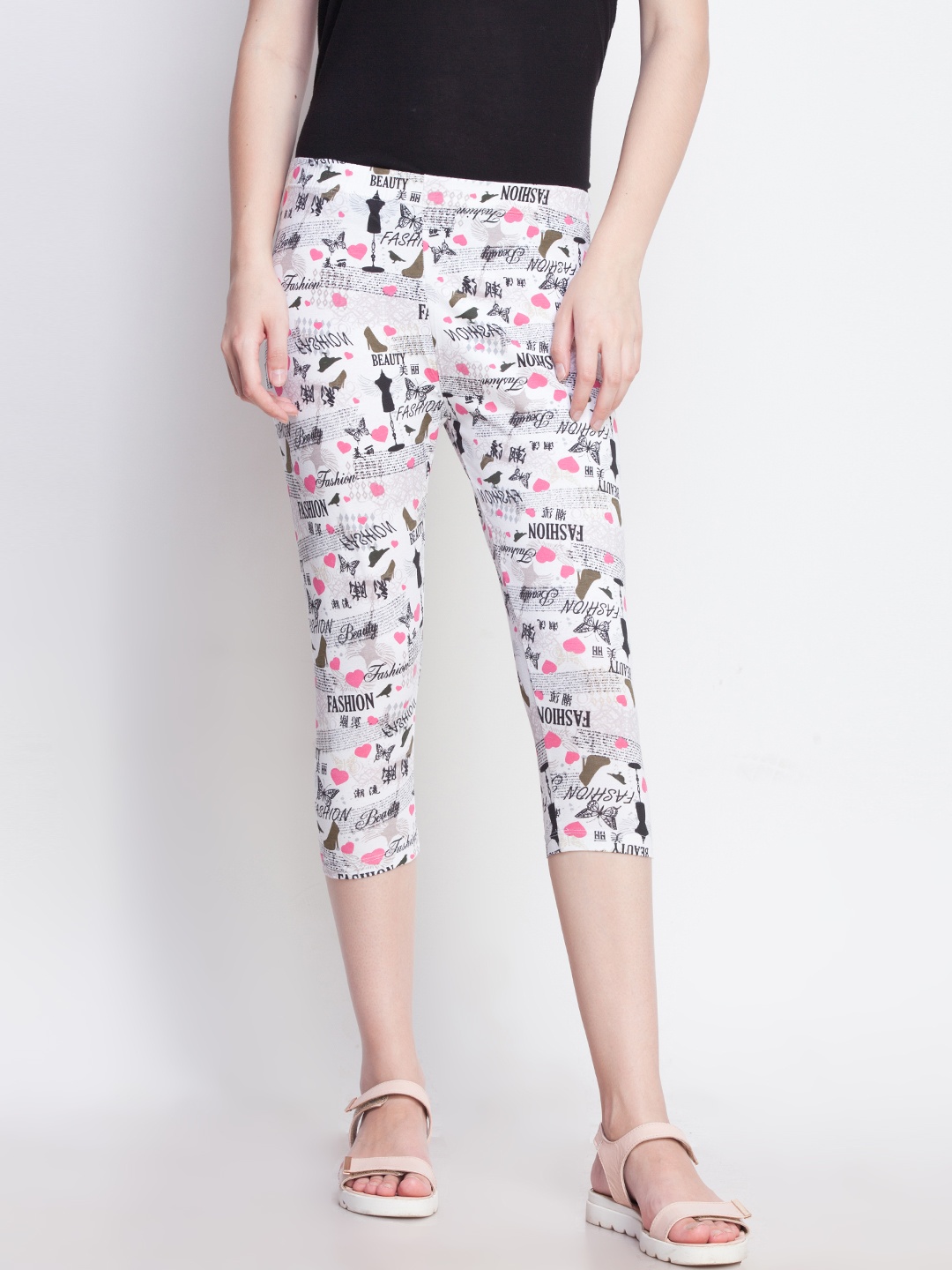 

Dollar Missy Women White & Multicoloured Printed Slim Fit Capris