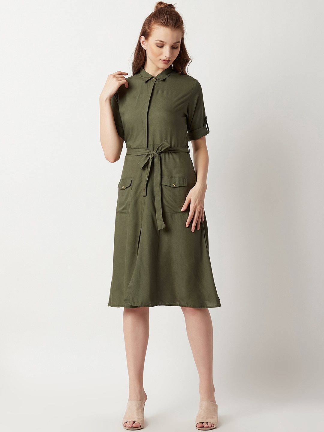 

Miss Chase Women Olive Green Solid Shirt Dress