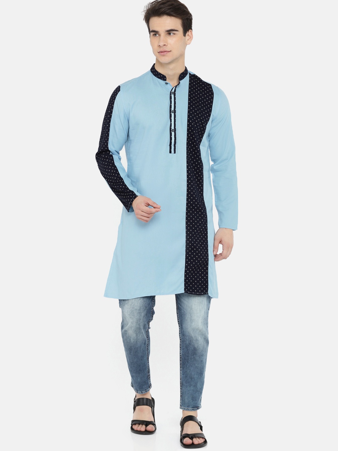 

British Club Men Blue Printed Straight Kurta