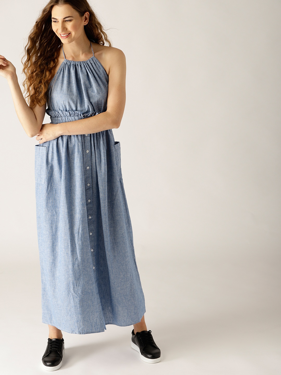 

United Colors of Benetton Women Blue Self Striped Maxi Dress