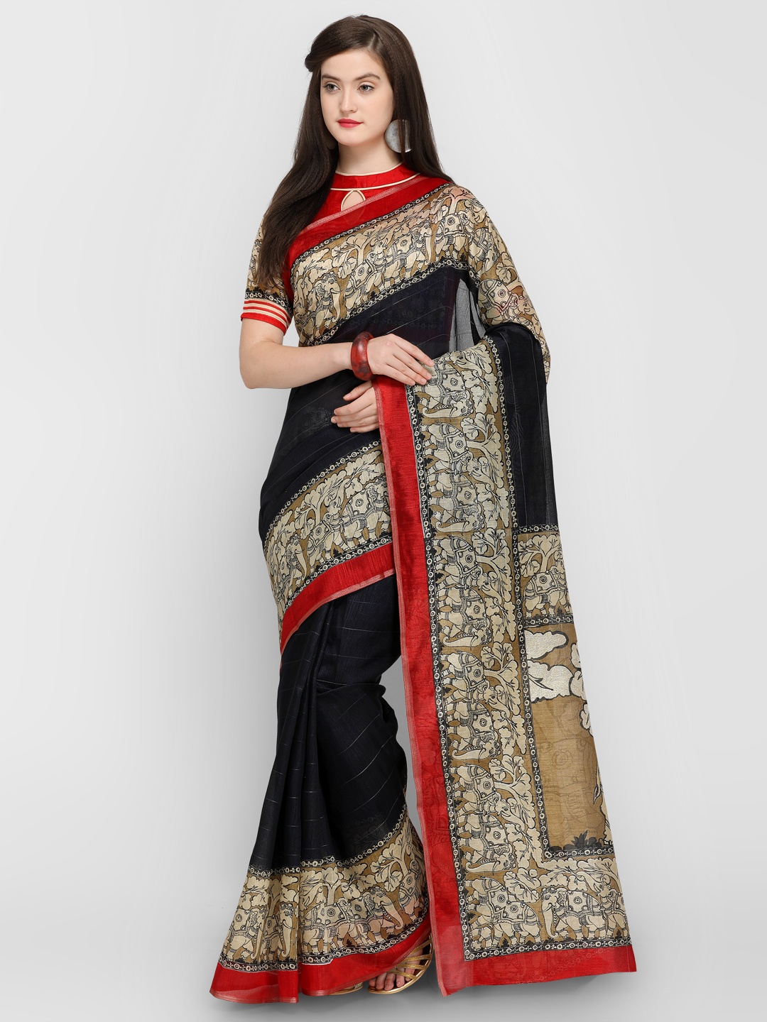 

Shaily Black & Beige Silk Cotton Printed Saree
