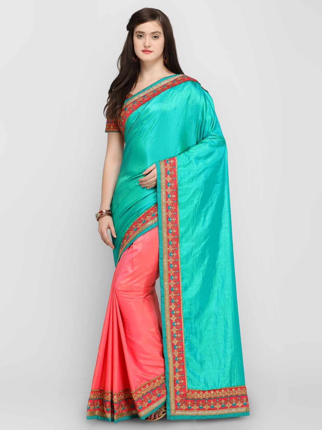 

Shaily Turquoise Blue & Peach-Coloured Pure Silk Solid Saree