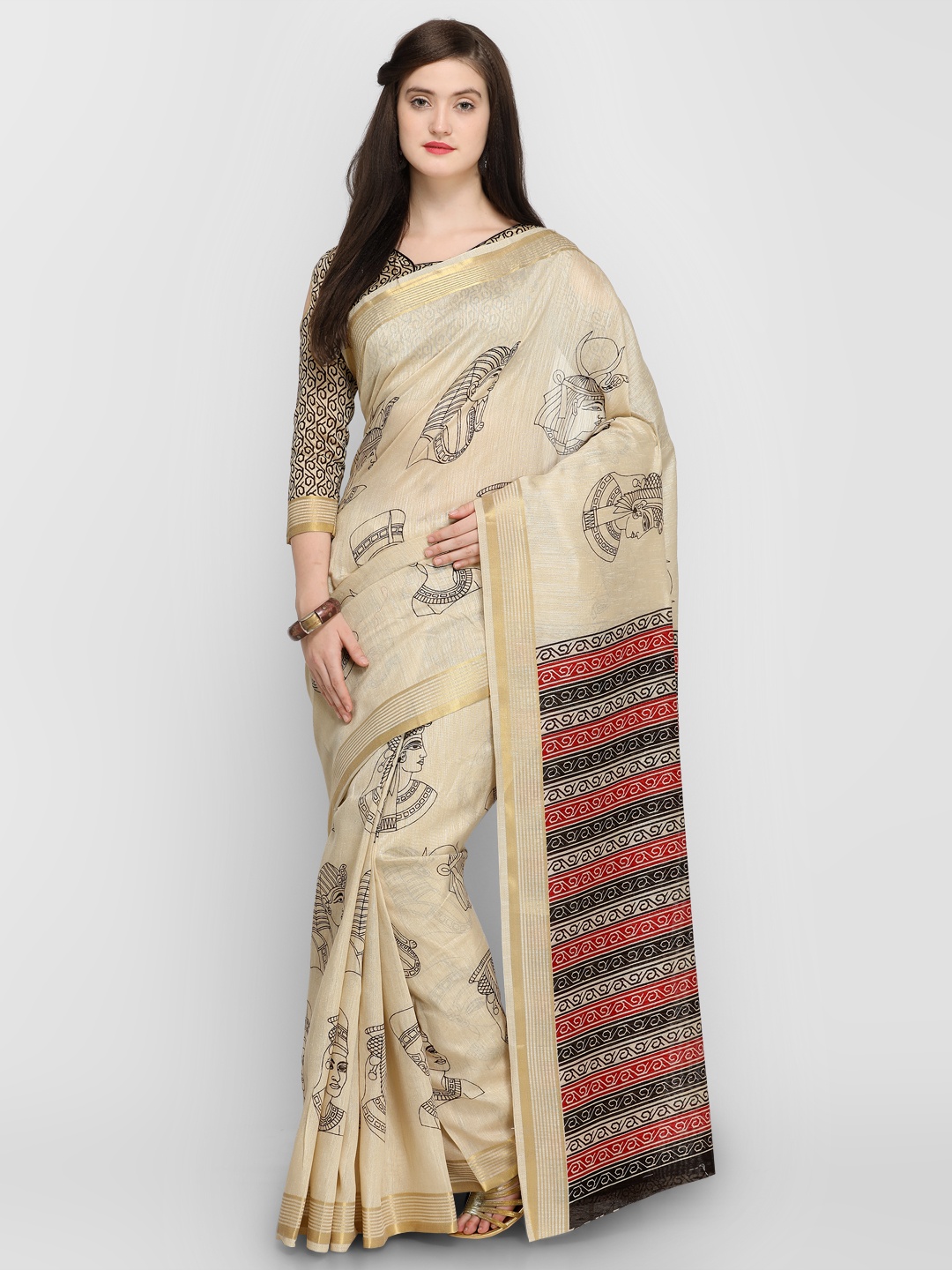 

Shaily Beige & Black Silk Cotton Printed Saree