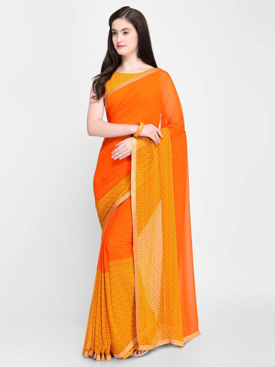 

Shaily Orange & Yellow Pure Georgette Printed Saree