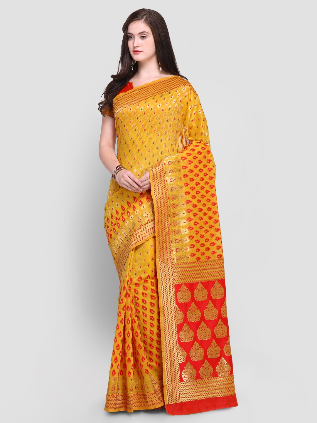 

Shaily Mustard & Red Pure Silk Woven Design Kanjeevaram Saree