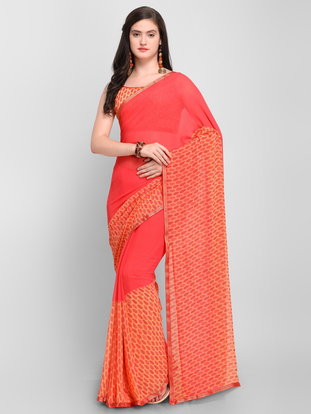 

Shaily Coral Red Printed Pure Georgette Saree