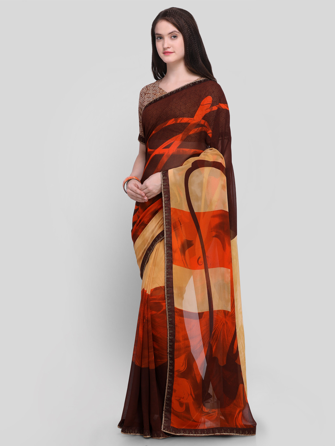 

Shaily Brown & Multicoloured Pure Georgette Printed Saree