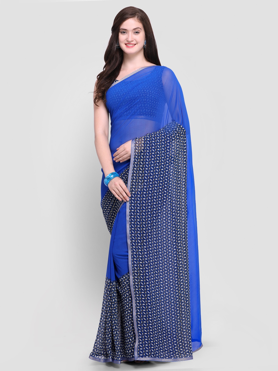 

Shaily Blue & Off-White Pure Georgette Solid Saree