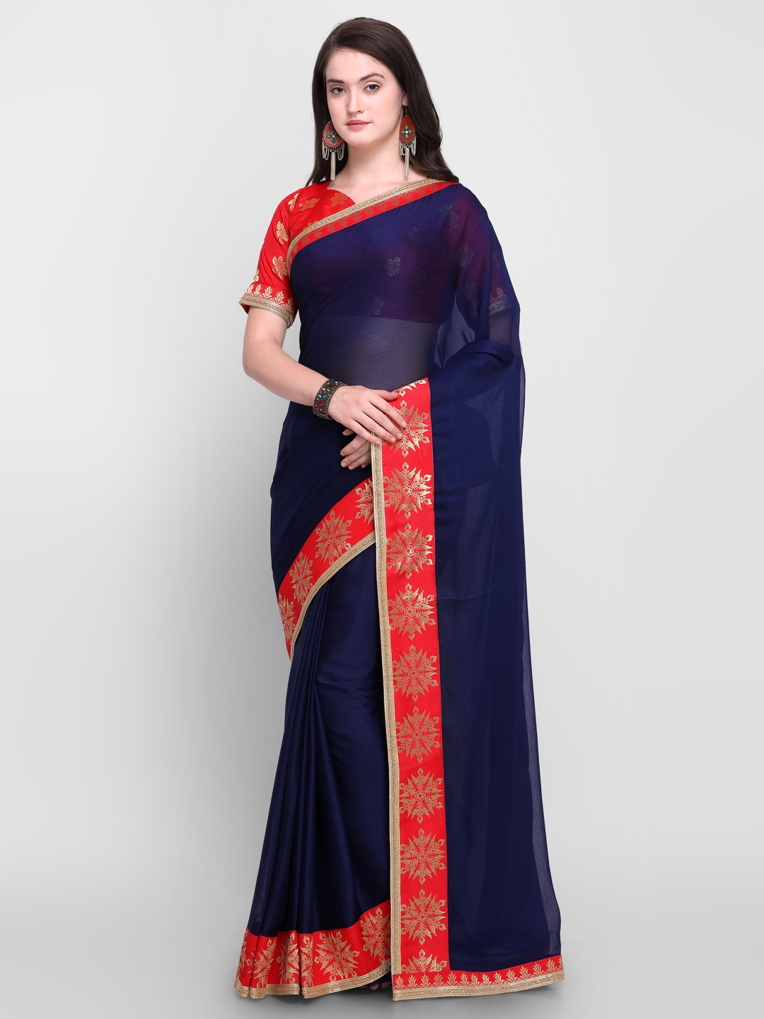 

Shaily Navy Blue & Red Pure Chiffon Solid Saree