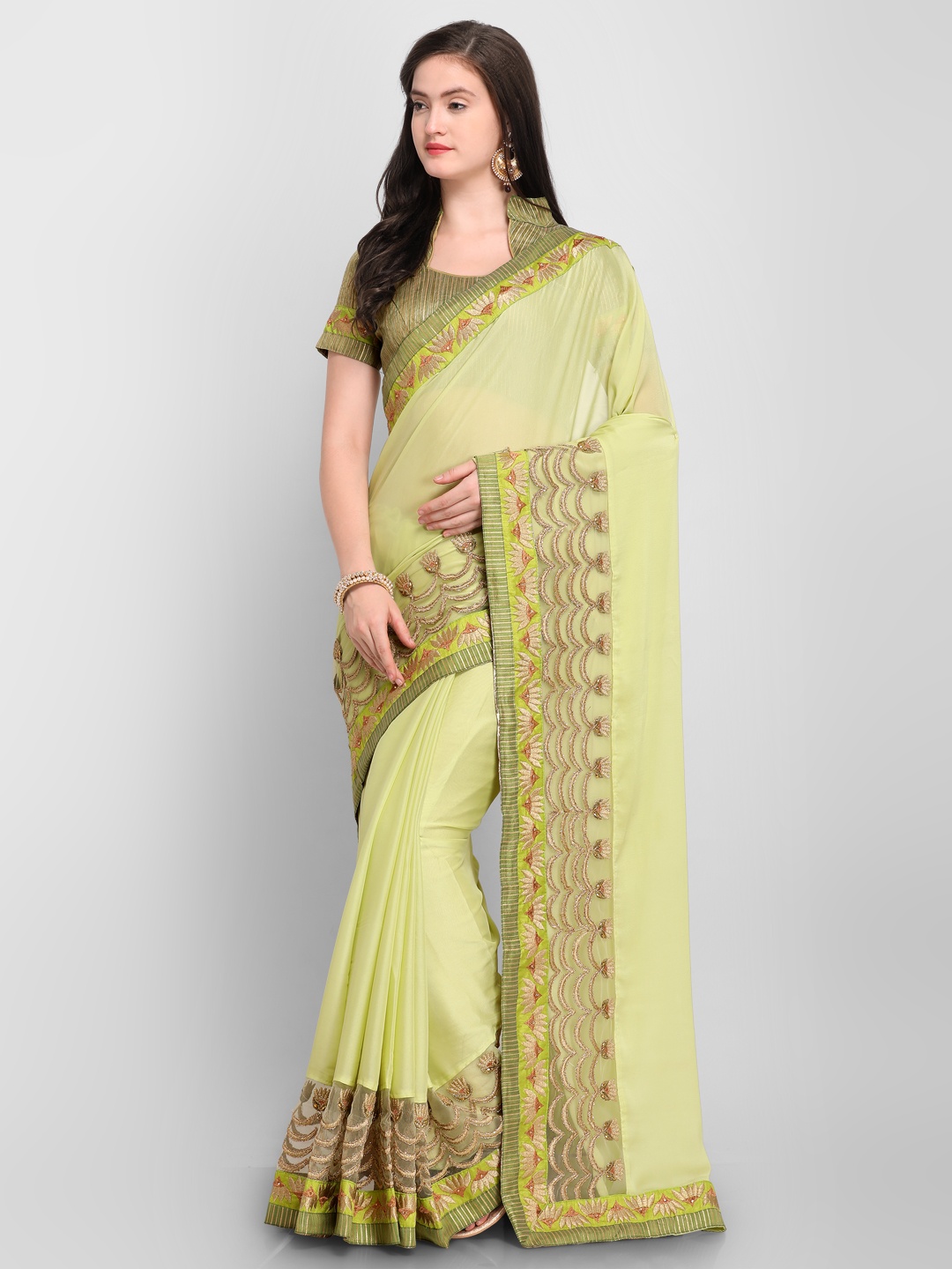 

Shaily Green & Beige Pure Crepe Embroidered Saree