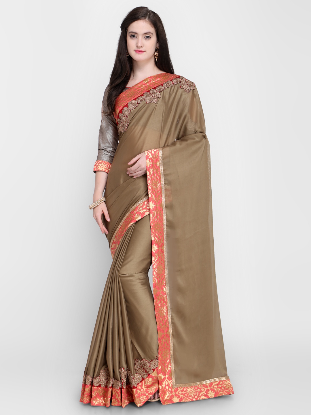 

Shaily Brown & Pink Pure Crepe Solid Saree