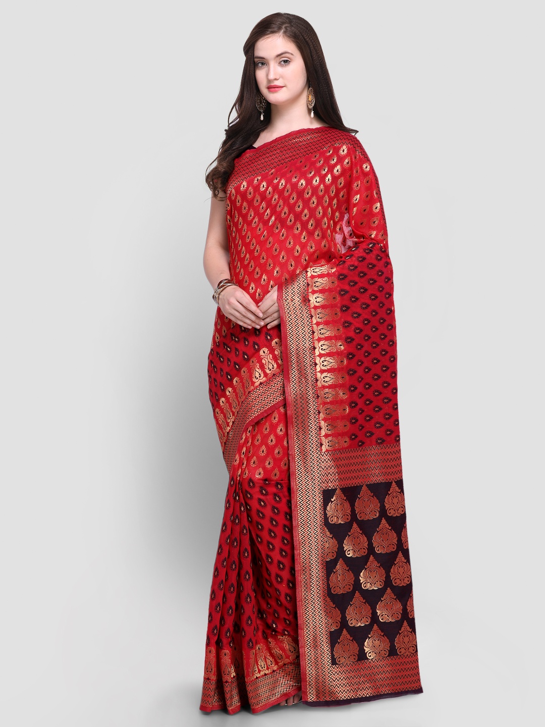 

Shaily Red & Purple Pure Silk Woven Design Kanjeevaram Saree