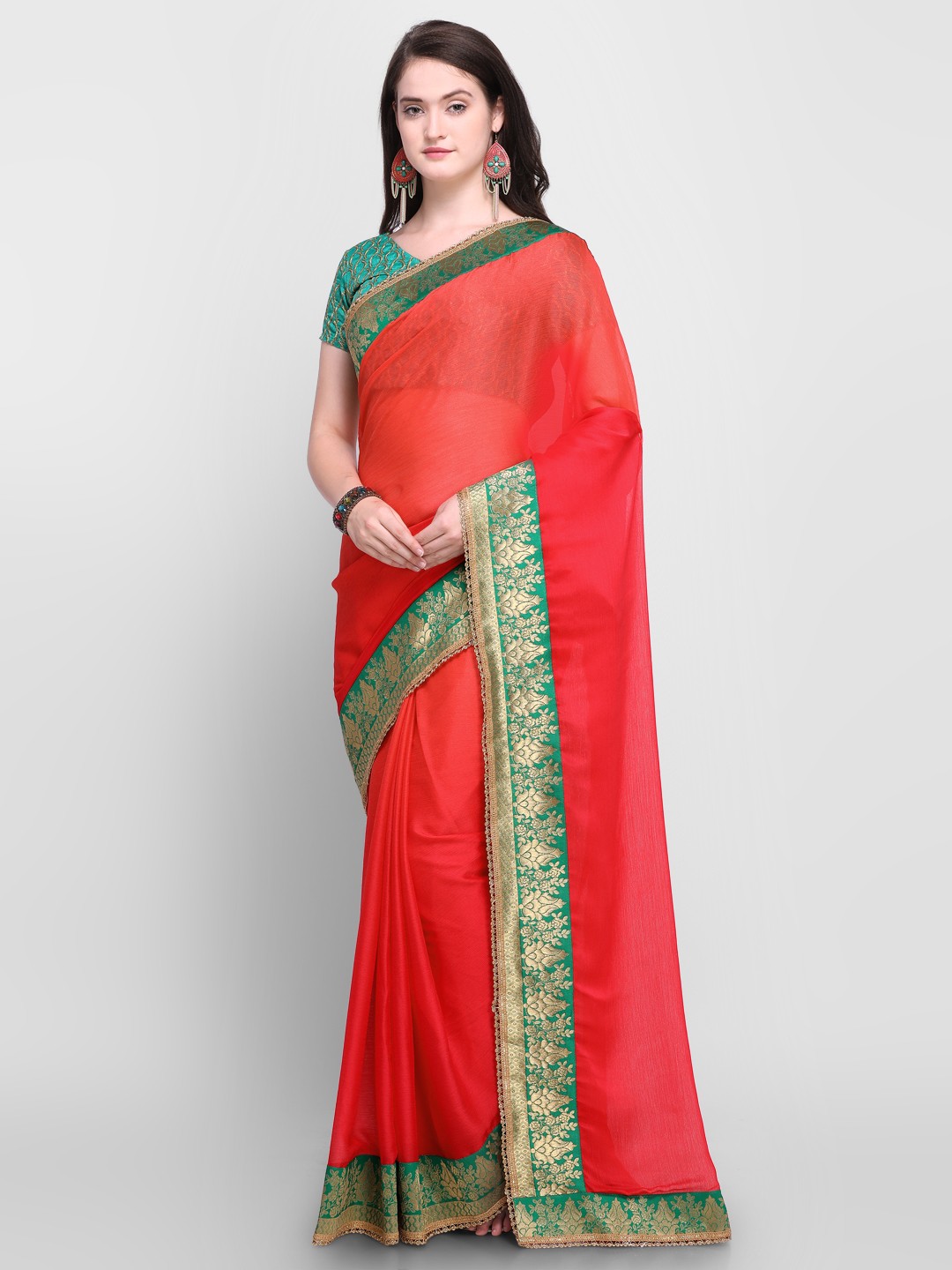 

Shaily Red & Green Pure Chiffon Solid Saree