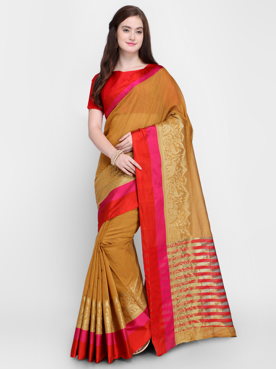 

Shaily Mustard & Red Pure Silk Woven Design Kanjeevaram Saree