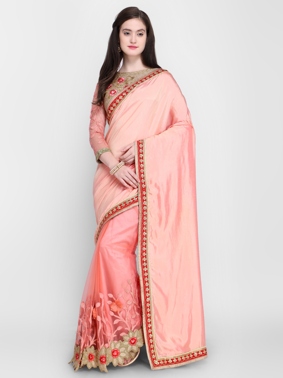 

Shaily Peach Satin Embroidered Saree