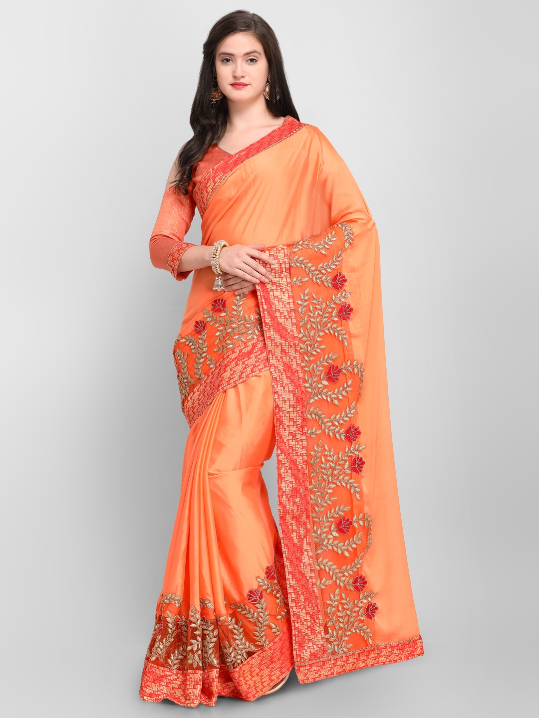 

Shaily Orange & Red Pure Crepe Embroidered Saree