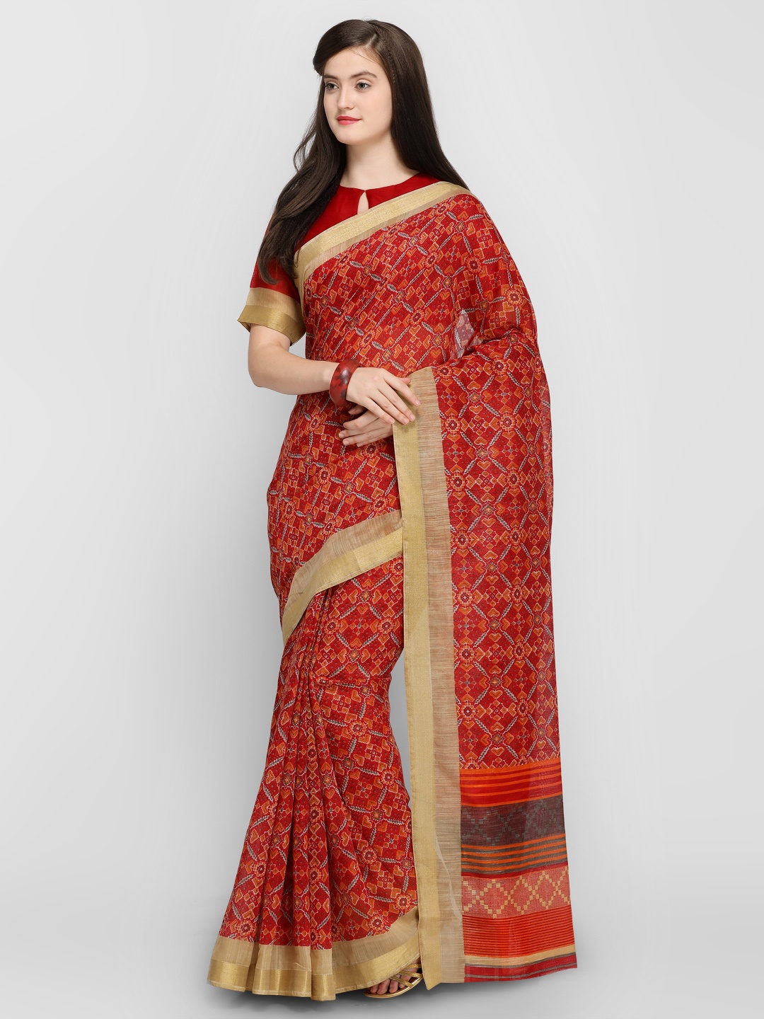 

Shaily Red & Beige Silk Cotton Printed Saree