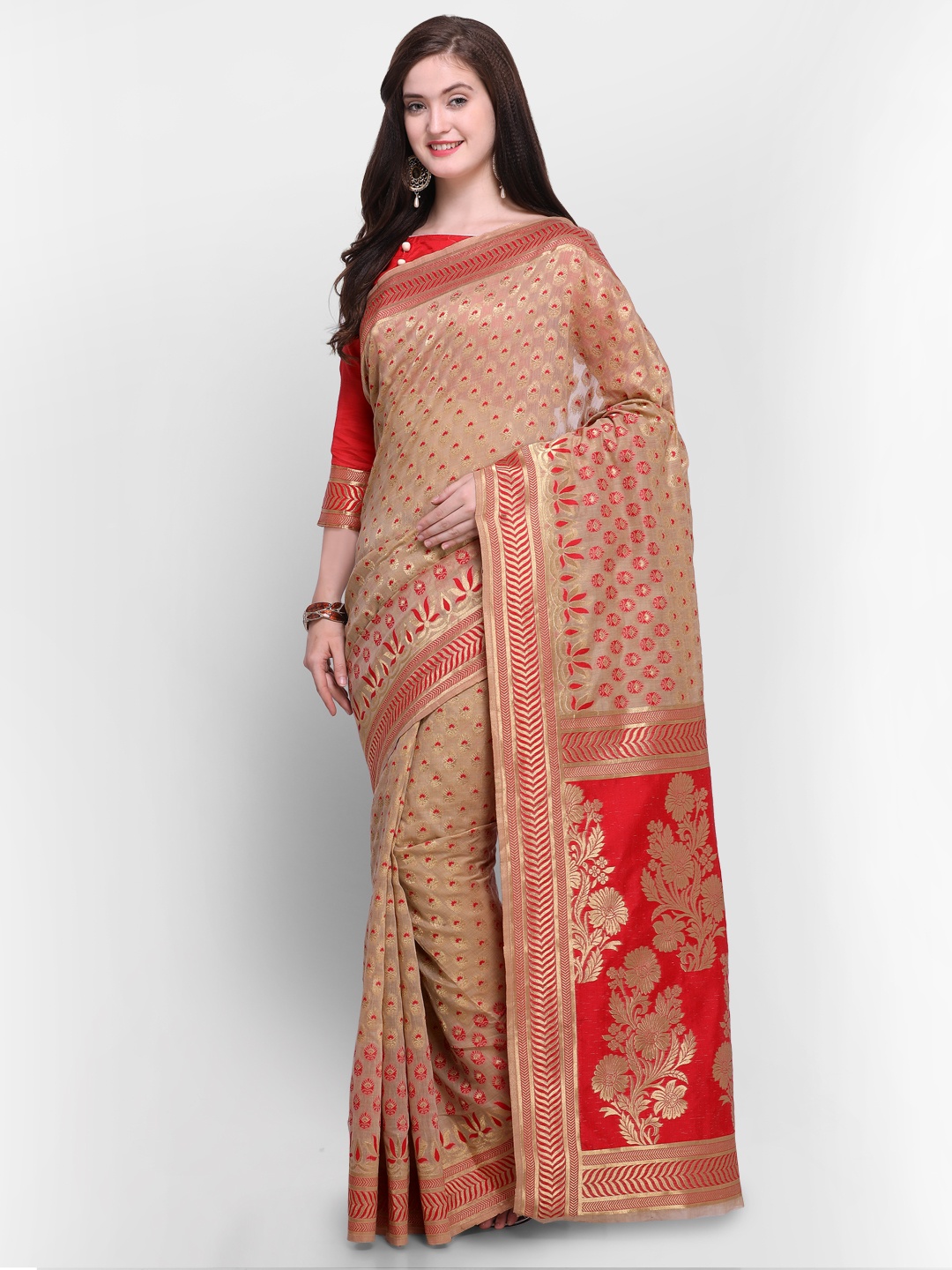 

Shaily Beige & Red Pure Silk Woven Design Kanjeevaram Saree