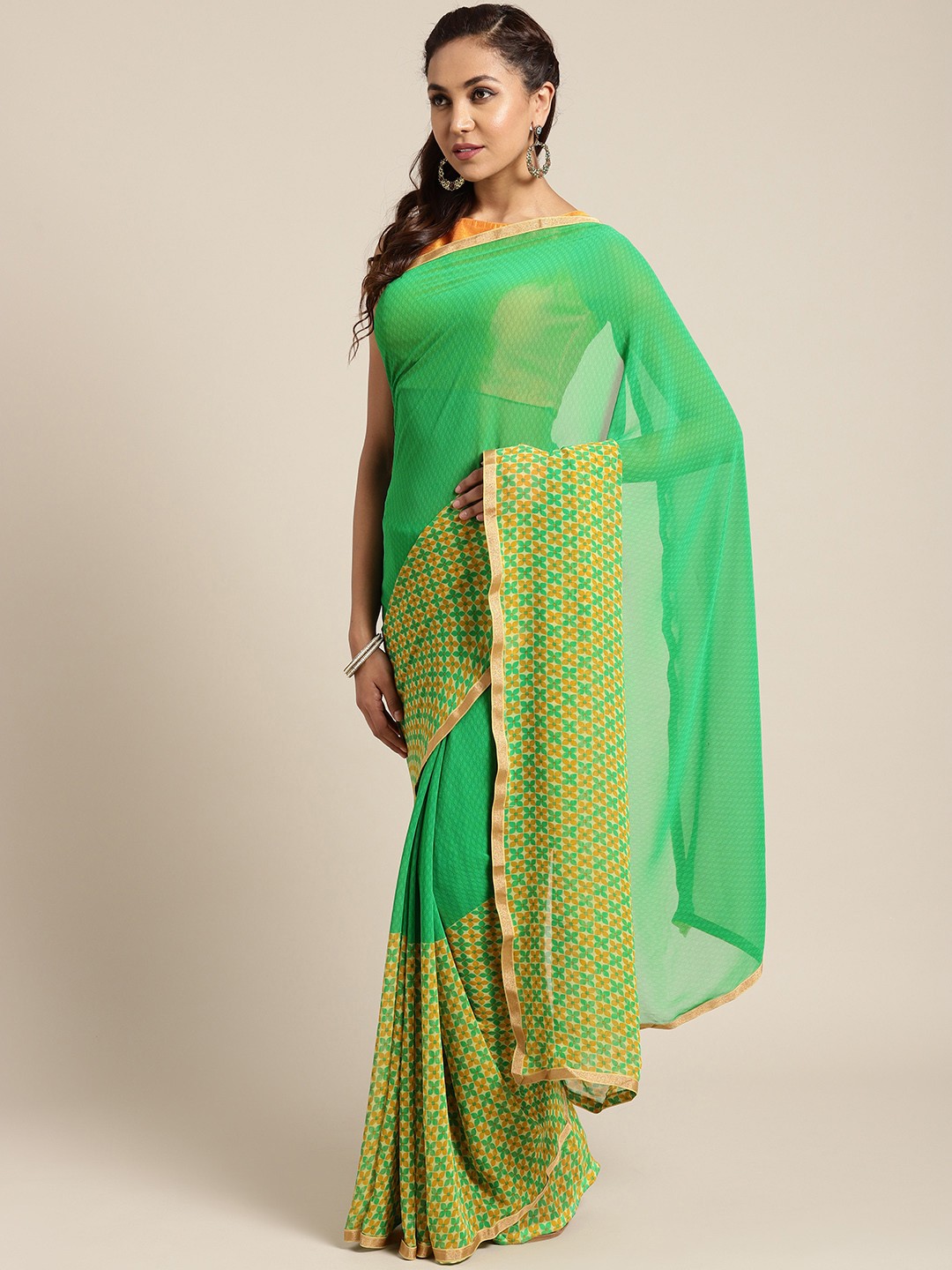 

Shaily Green & Orange Pure Georgette Printed Saree