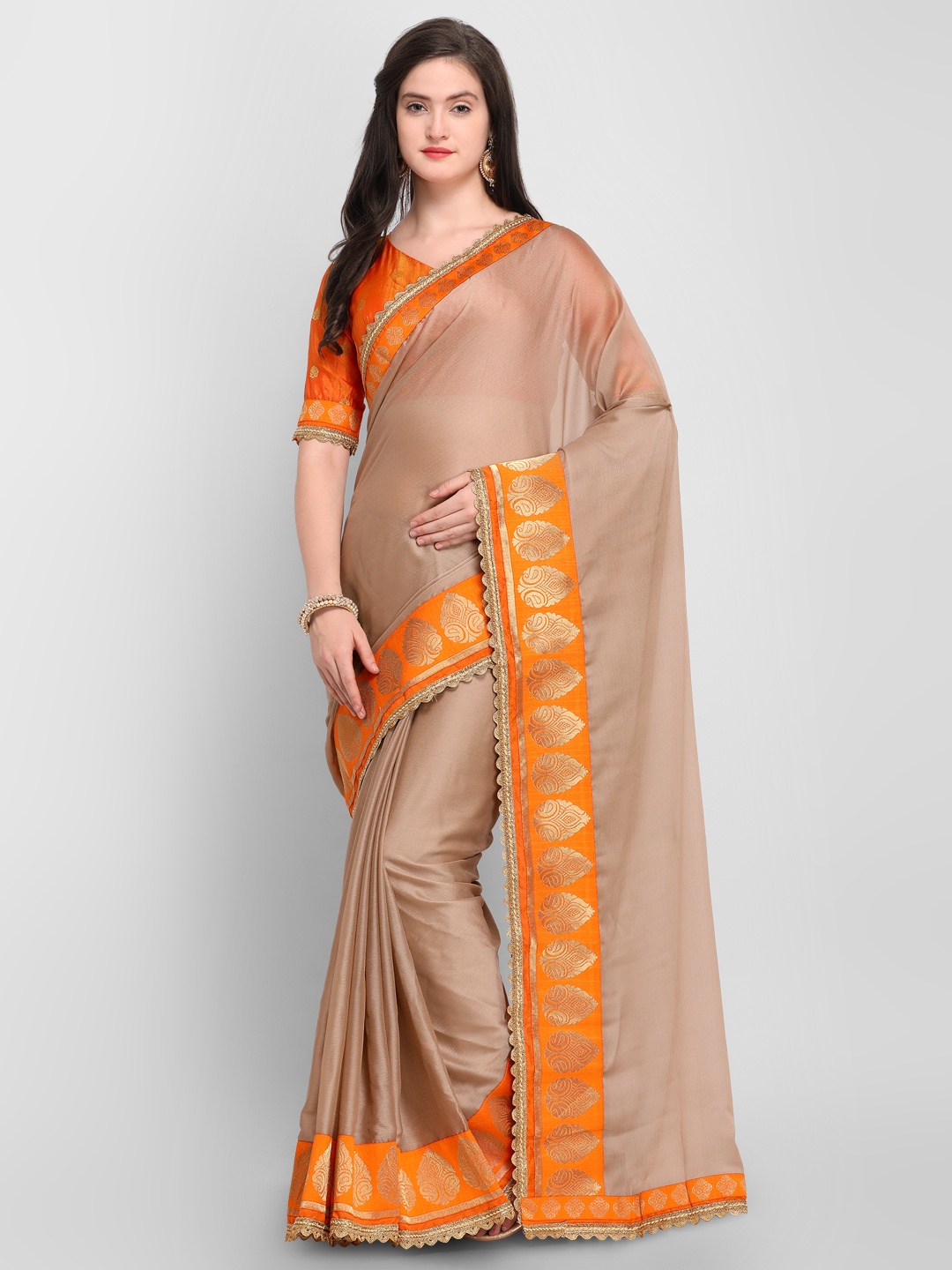 

Shaily Brown & Orange Pure Chiffon Solid Saree