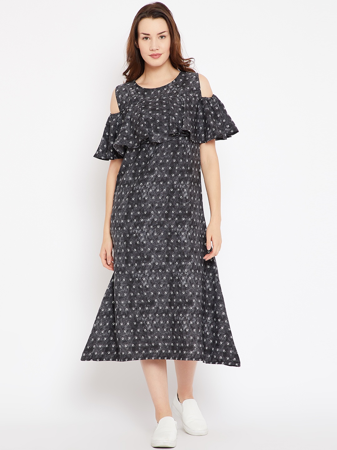 

Cottinfab Women Black Printed A-Line Dress