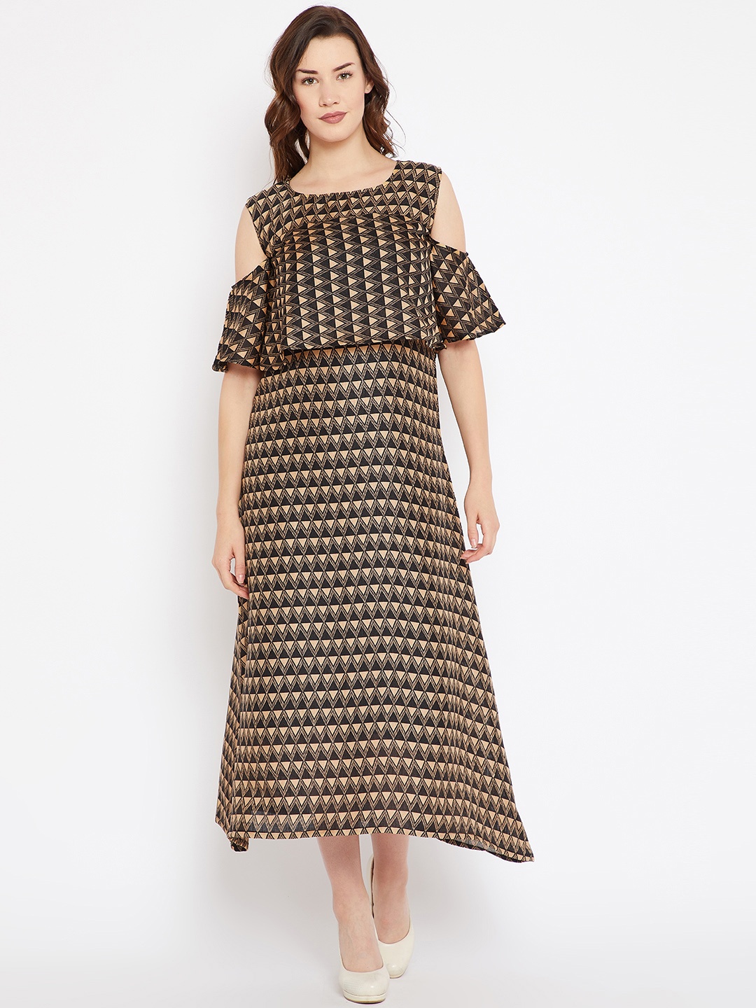 

Cottinfab Women Black & Golden Printed A-Line Dress