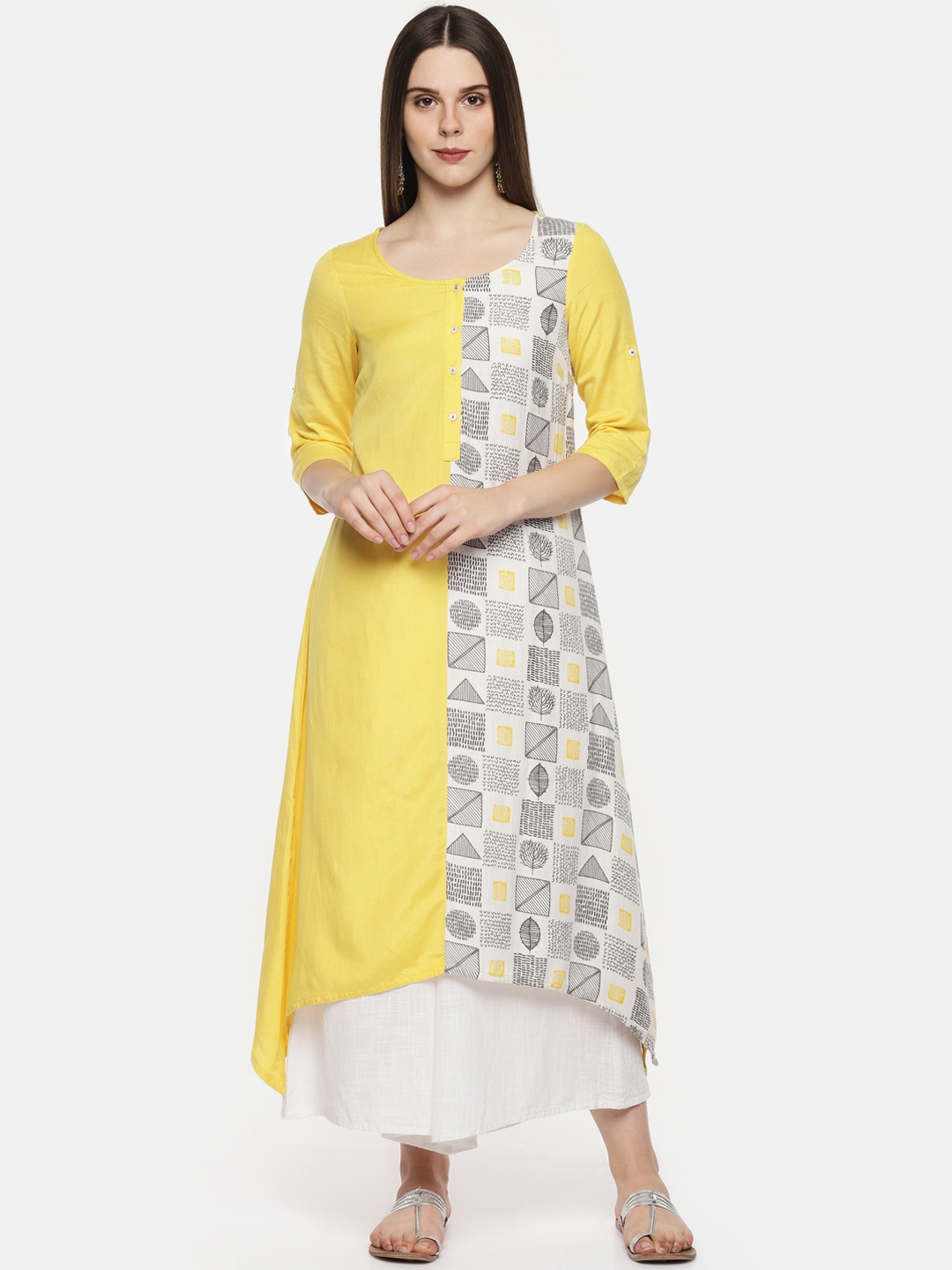 

RANGMANCH BY PANTALOONS Women Grey & Yellow Printed A-Line Kurta