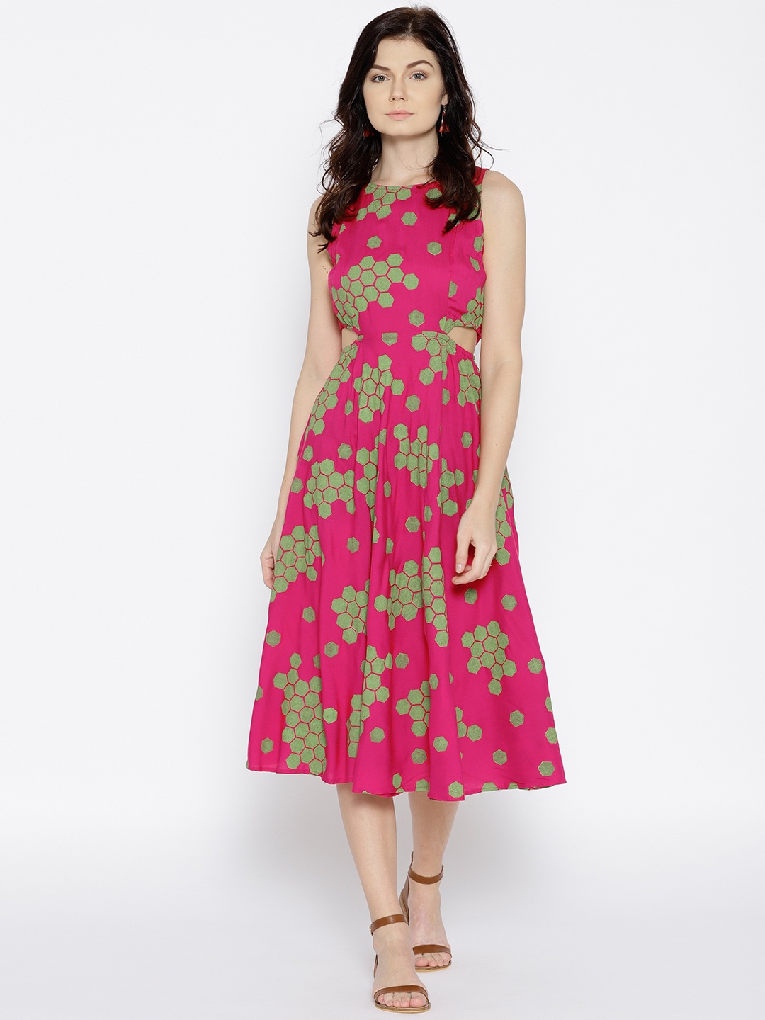 

MABISH by Sonal Jain Women Pink & Green Printed Midi Fit & Flare Dress